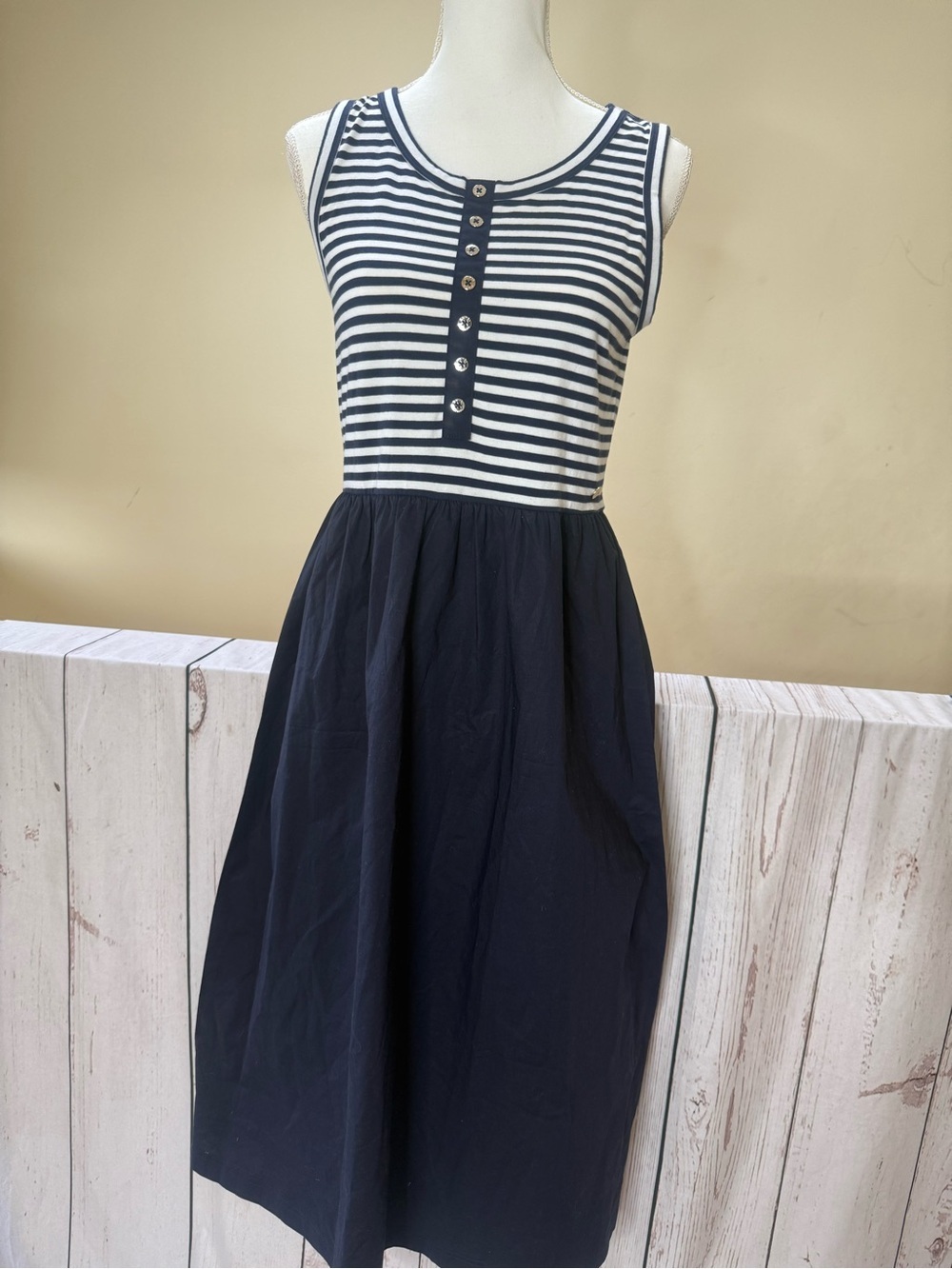 Nautica Navy and White Striped Sleeveless Midi Dress